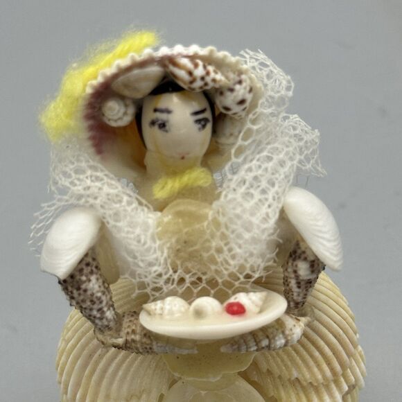 Handmade Seashell Art Figurine Bride Doll Folk Art Flower Girl Nautical Kitschy - Picture 8 of 10